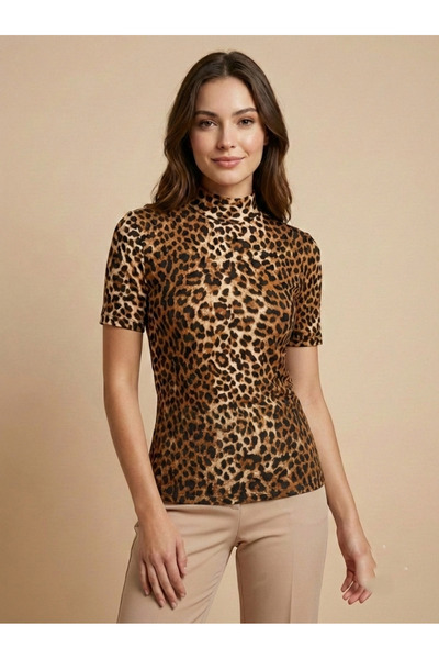 peralist Bluză de damă imprimeu leopard guler ridicat cu mânecă scurtă viscoz...