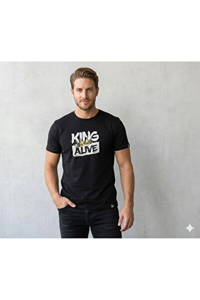 Duzor King Alive Erkek Siyah Oversize Regular Tişört