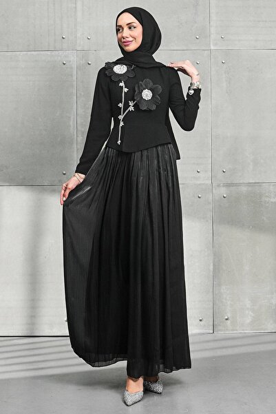 İmajButik Black Daisy Detailed Pleated Skirt with Stones Evening Dress