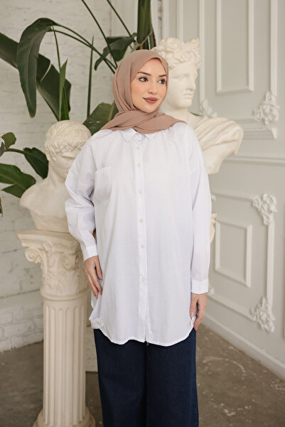 İmajButik White Single Tunic Shirt with Elastic Skirt Pocketed