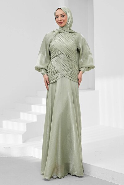 İmajButik Mint Green Front Draped Balloon Sleeve Sparkling Evening Dress