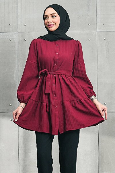 İmajButik Burgundy Layered Tunic with Elastic Sleeves and Skirt