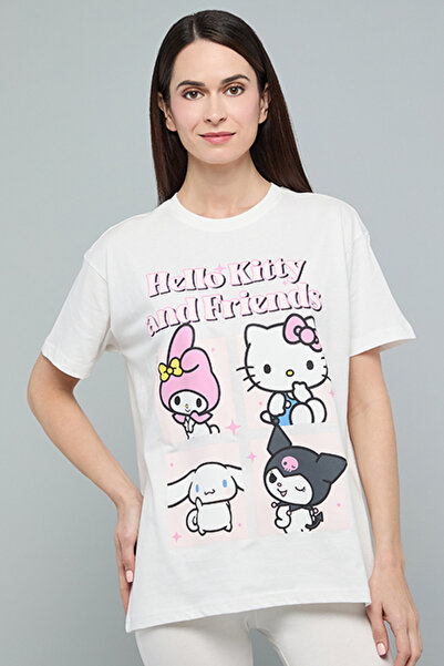 R&B Stitch Print & Friends Print T-Shirt with Crew Neck and Short Sleeves