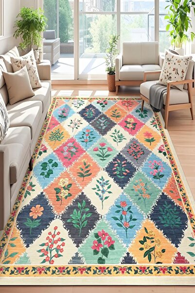 Dally Home Dijital Kaymaz Kaymaz Yıkanabilir Çiçek Desenli Salon Halısı Mutfa...