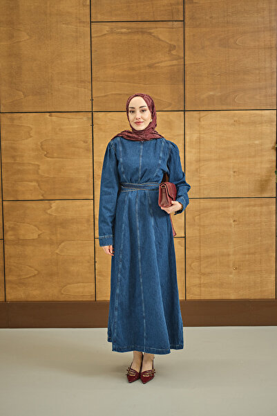 LOCCO Women's Stitching Detail Denim Dress Dark Blue