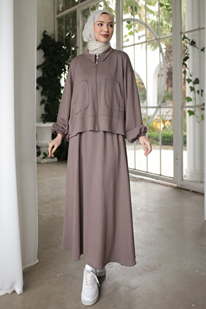 İmajButik Cardigan cu fermoar din nurcă și fustă, modal set