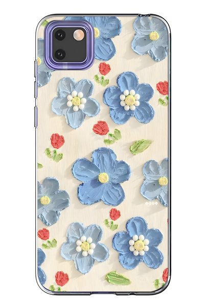 FLAMENKO Huawei Y5P Compatible Blue Oil Painting Floral Print Transparent Pho...