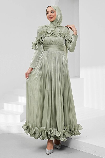 İmajButik Mint Green Sparkling Evening Dress with Ruffles on the Collar and Hem