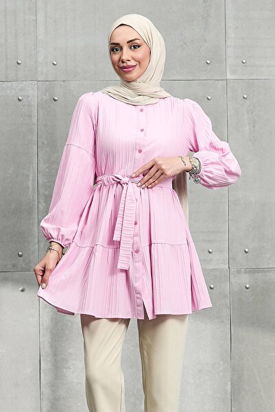 İmajButik Pink Tunic with Elastic Sleeves and Layered Skirt