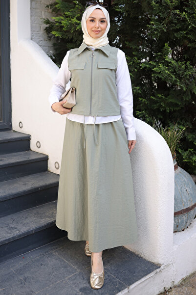 İmajButik Χακί Γιλέκο Πουκάμισο, Φούστα, Τριπλό Σετ