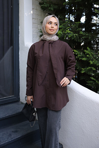 İmajButik Brown Collar Tie-Detail Poplin Shirt