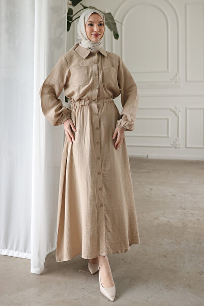 İmajButik Rochie bej cu mâneci și talie elastice, cu nasturi, dublă cu buzunare