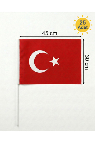 Alpaka Kumaş Türk Bayrağı 25 Adet | Ay Yıldızlı | 45x30 cm | Tutma Saplı