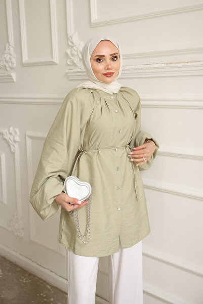 İmajButik Mint Green Balloon Sleeve Belted Shirt