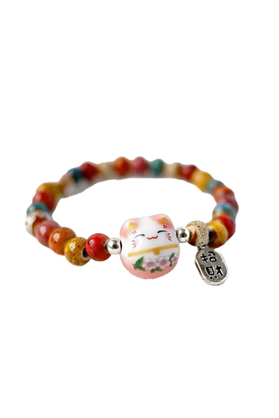 EFAYN.RO Bracelet, beaded pattern and cat, lucky cat theme, elastic, unisex, ...
