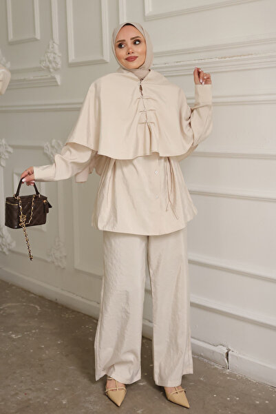 İmajButik Beige Cape Detailed Tunic and Trousers Set