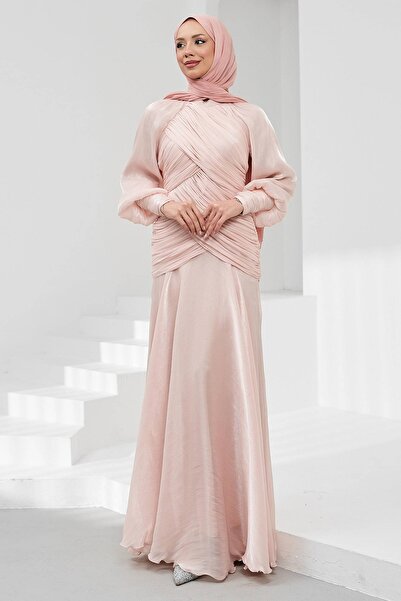 İmajButik فستان سهرة لامع بأكمام بالونية مزينة بالدانتيل من الأمام