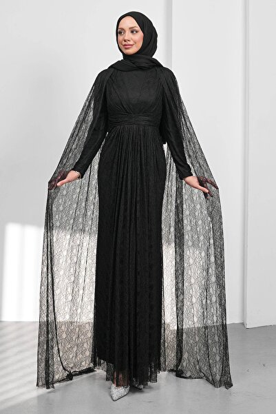 İmajButik Black Shoulder Cape Draped Guipure Lace Evening Dress