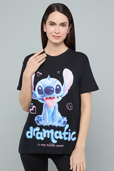 R&B Stitch Print T-Shirt with Crew Neck and Short Sleeves