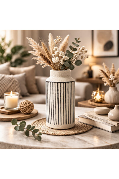 N.zone Beige ceramic vase with modern black stripes – an elegant decorative vase