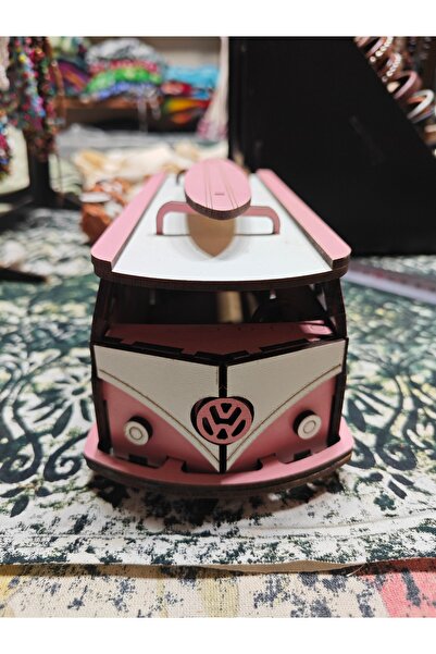 Nostaljik Ahşap Karavan Maketi - Sörf Tahtalı Pembe VW T1