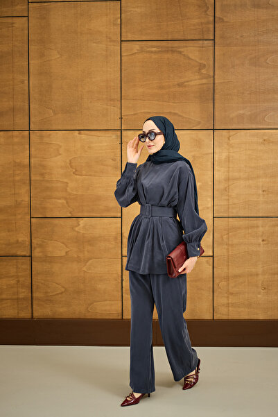 LOCCO Women's Belt Detail Crew Neck Suit Indigo Blue