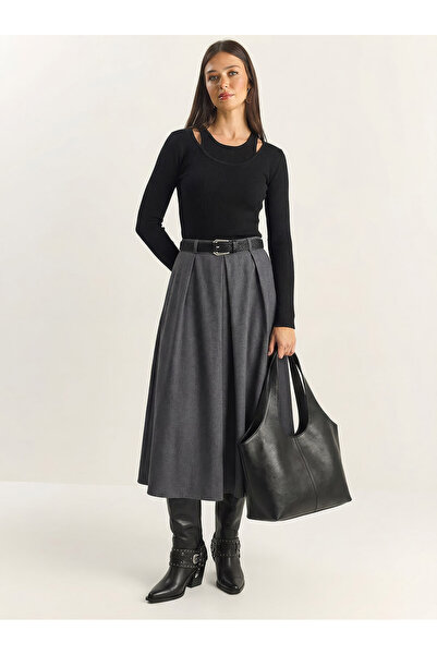 Bianco Lucci Kadın Pile Detaylı Midi Boy Kemerli Etek 0856 60283958