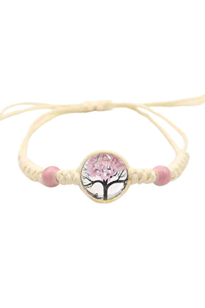 EFAYN.RO Bracelet with round tree of life pendant, cream cord, pink accessori...