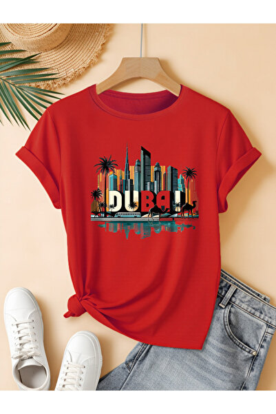 mercoledi Women's Dubai City Printed Crew Neck Regular Fit Oversized T-Shirt