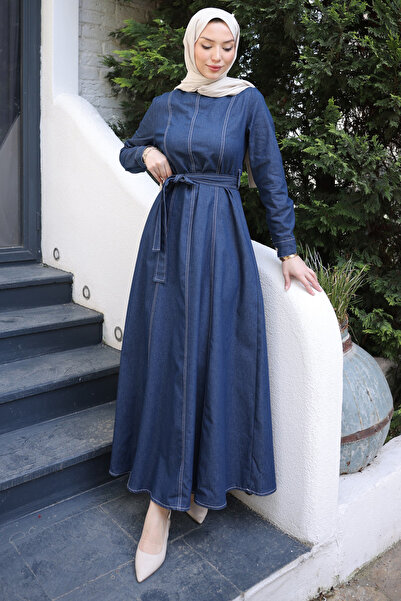 İmajButik فستان دينم أزرق داكن بياقة دائرية وحزام