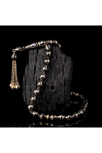 İskender Tesbih Hat İşlemeli Siyah Mineli Altın Tesbih