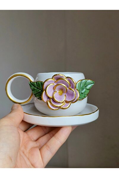 KOTYORA Pink Single Rose Gift Handmade Ceramic Turkish Coffee Cup