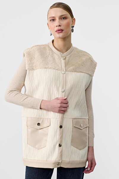 Tığ Triko Kürk Kombinli Deri Patlı Ve Cep Detaylı Yelek BEJ