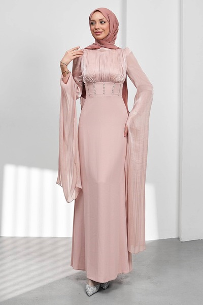 İmajButik Powder Sleeve Detail Fish Model Stone Evening Dress