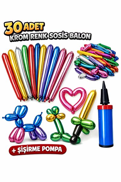 TATLI GÜNLER 30 Adet Krom Parlak Karışık Renk Sosis Balon ve El Pompası Parti...