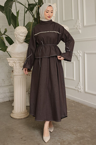 İmajButik Brown Denim Skirt Suit with Pearl Tie Detail on the Front