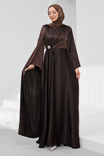 İmajButik Brown Shoulder Shawl Detailed Brooched Satin Evening Dress