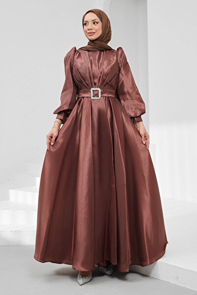 İmajButik Dark Plum Balloon Sleeve Draped Evening Dress