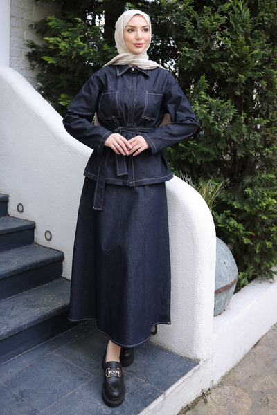 İmajButik Σετ Μπλε Ναυτικό με Ζώνη στη Μέση και Διπλό Σακάκι με Φούστα Με τσέπες