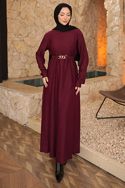 İmajButik Μακρύ φόρεμα με αλυσίδα από διαμάντια και ζώνη κοτλέ