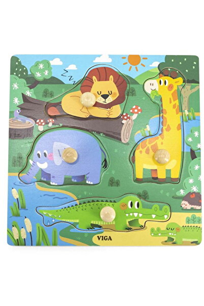 Viga Children's wooden puzzle with handles Wild Animals 4 pieces