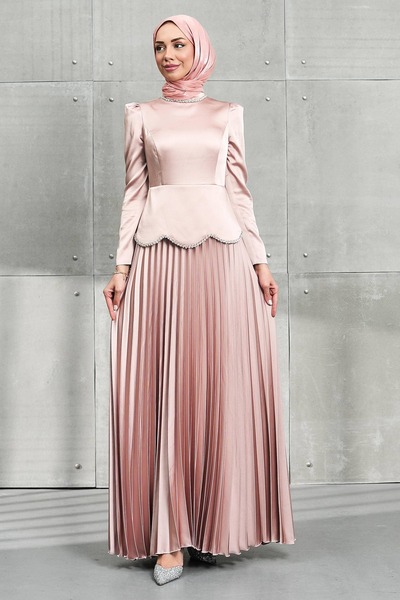 İmajButik Powder Blue Stone Detailed Skirt Pleated Satin Evening Dress