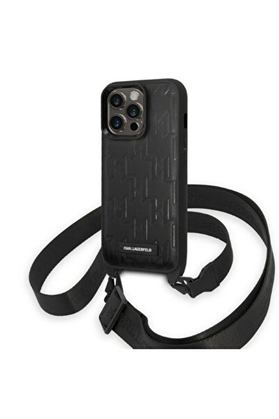 Karl Lagerfeld Carcasă pentru iPhone 14 Pro, carcasă rigidă cu curea, neagră