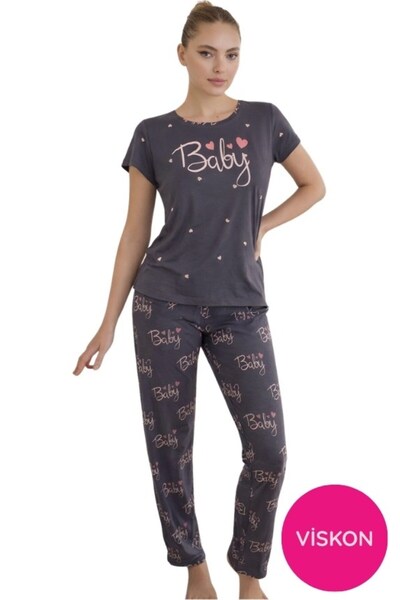 seamlife Women's Patterned Buttonless Crew Neck Short Sleeve Pajama Set- Slim...