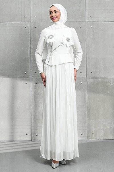 İmajButik Ecru Daisy Detailed Skirt Pleated Stoned Evening Dress