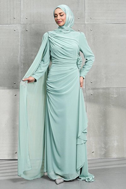 İmajButik Mint Green Cape and Rose Detailed Chiffon Evening Dress