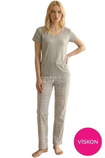 seamlife Women's Patterned Buttonless Crew Neck Short Sleeve Pajama Set- Slim...