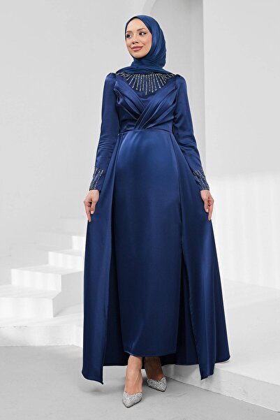 İmajButik Navy Blue Satin Evening Dress with Stones on the Front