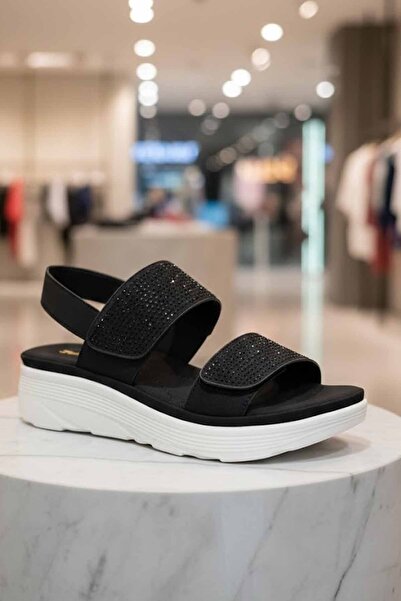 Polaris Дамски черни сандали с камъни, лека подплатена подметка, за всеки ден