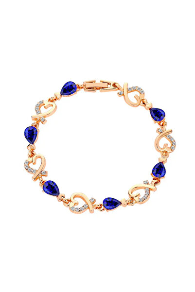 EFAYN.RO Women's bracelet, gold, fixed size, hearts and blue crystals, EFAYN